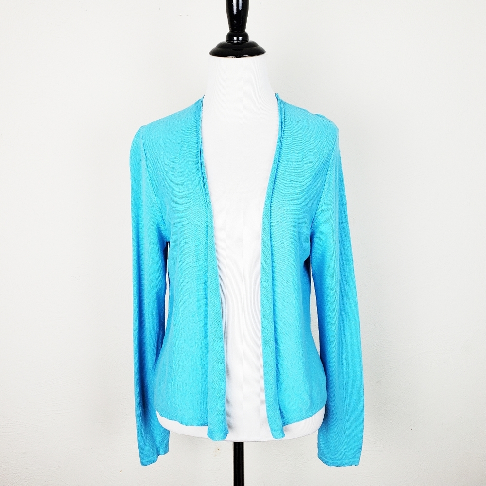 J Jill Cardigan Sweater Linen Minimalist Spring Summer Boho Blue Coastal Modal